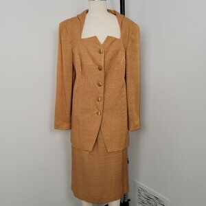 Vintage 90s Essence by Mail Gold 2-Piece Blazer Skirt Power Suit Set Made in USA